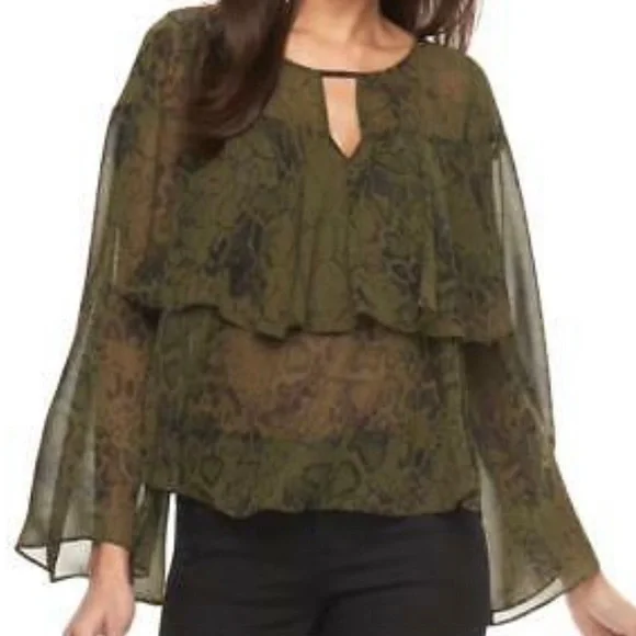 Jennifer Lopez Olive Green Snakeskin Ruffle Bell Long Sleeve Blouse Size XS - Picture 2 of 11